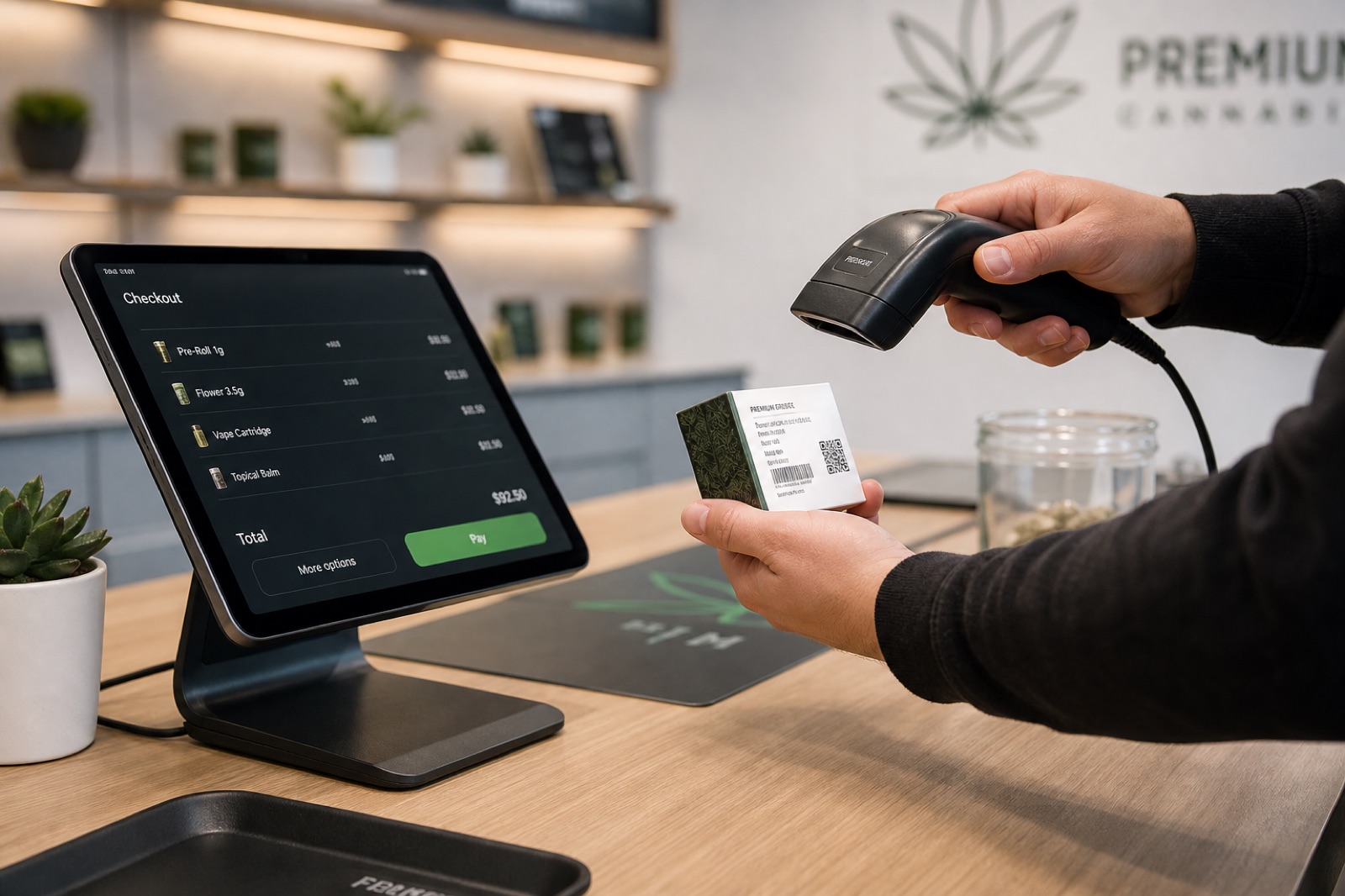 Budtender scanning a product at a dispensary register