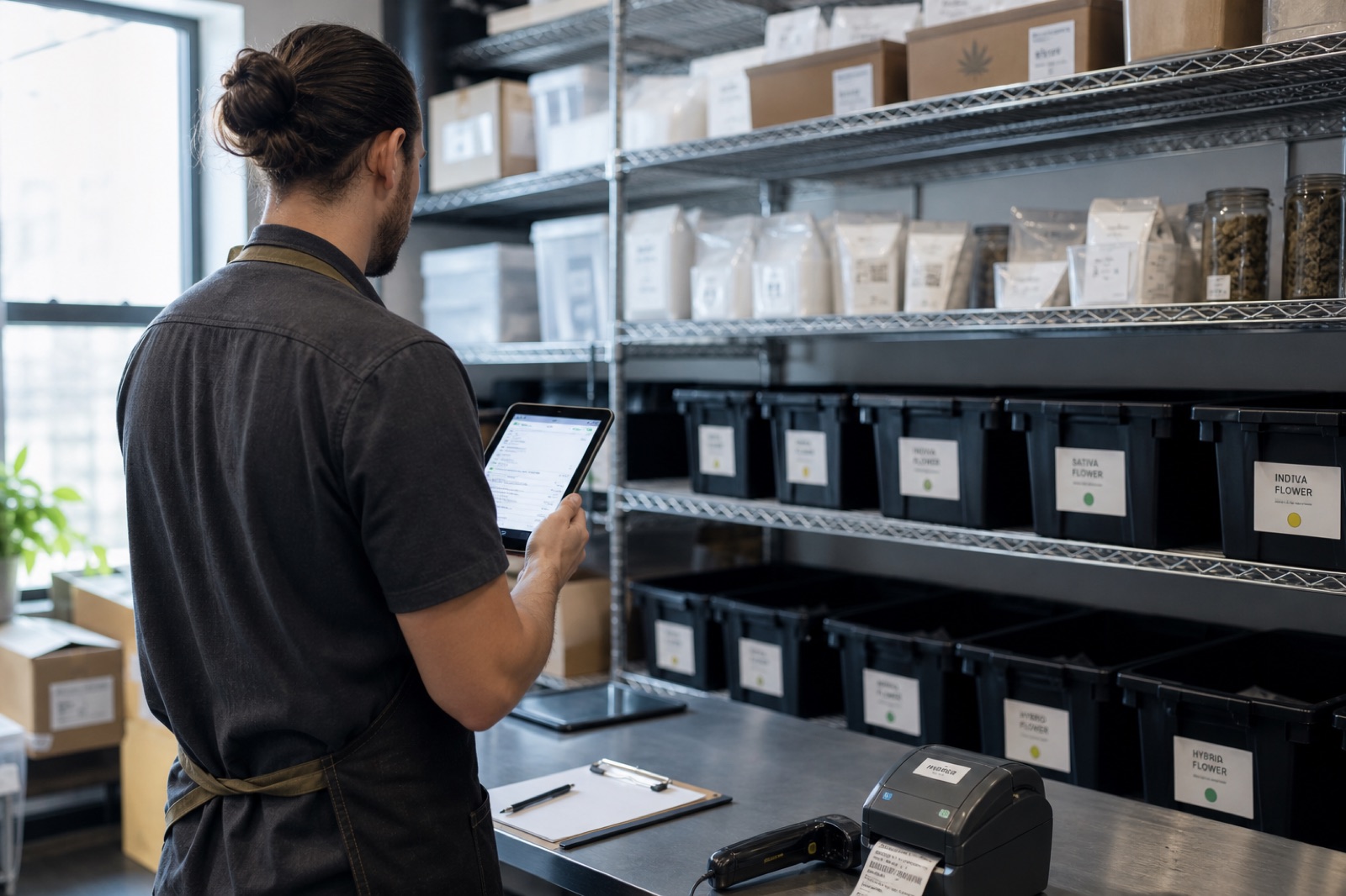 Manager reviewing inventory in a dispensary back of house