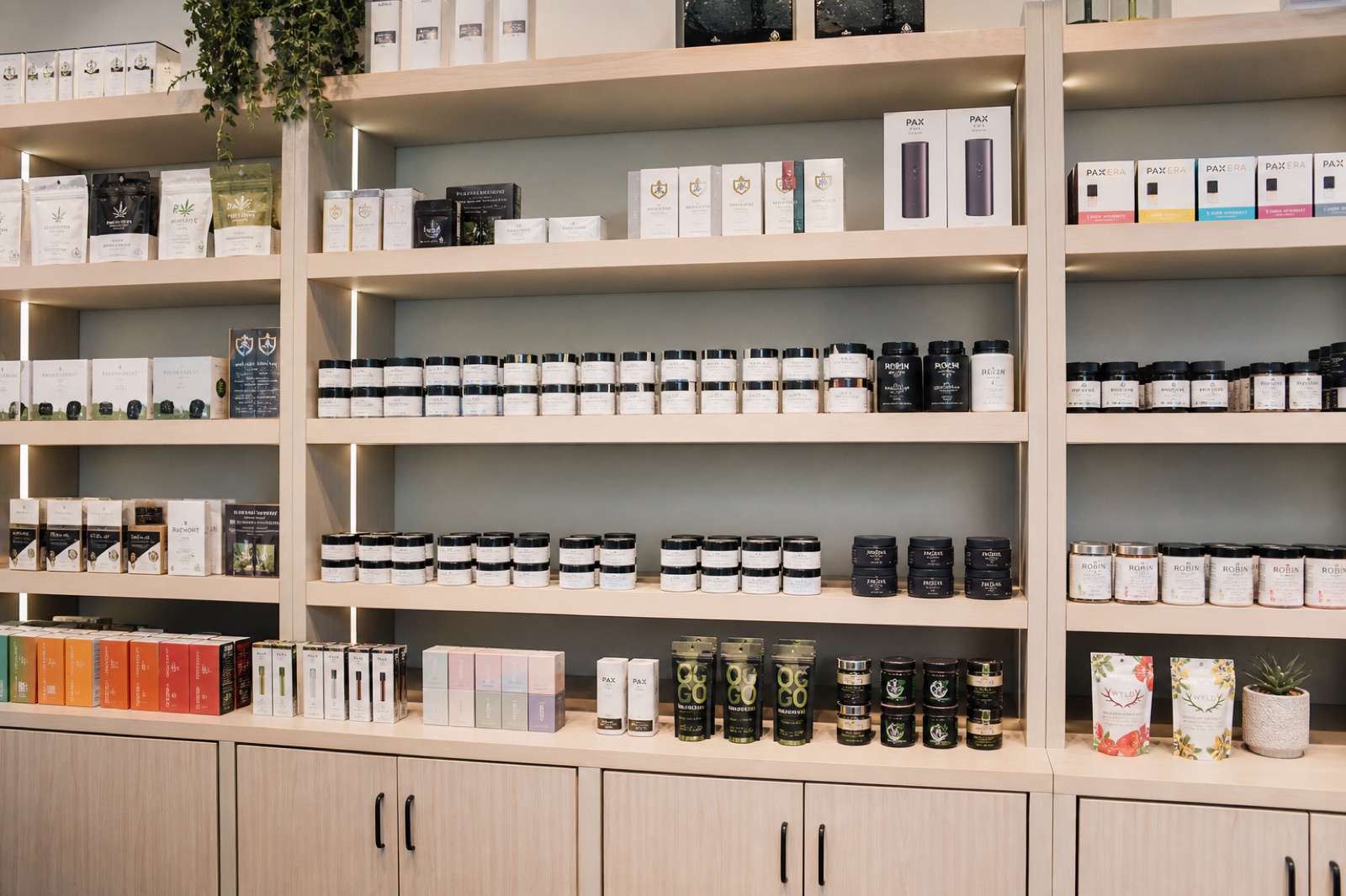 Fully stocked dispensary shelves