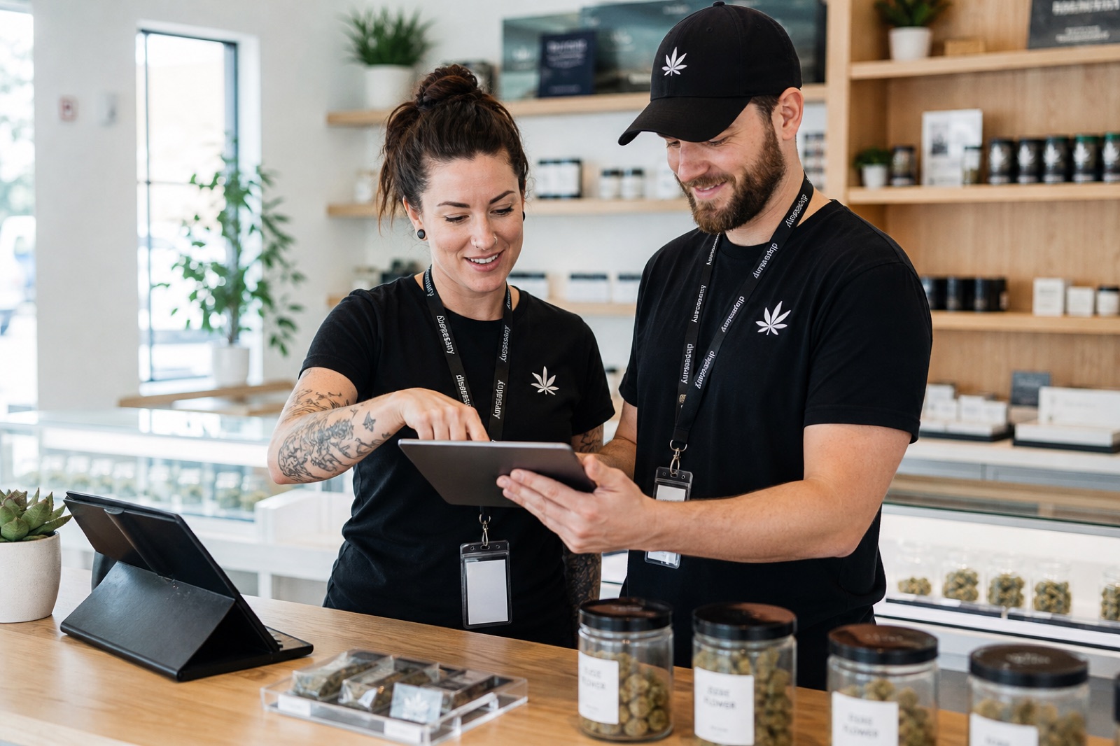Dispensary staff reviewing a tablet together at the counter
