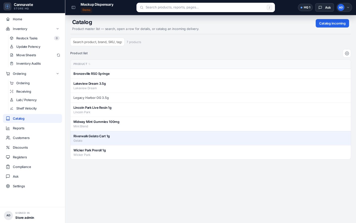 Catalog list with stock and category context.