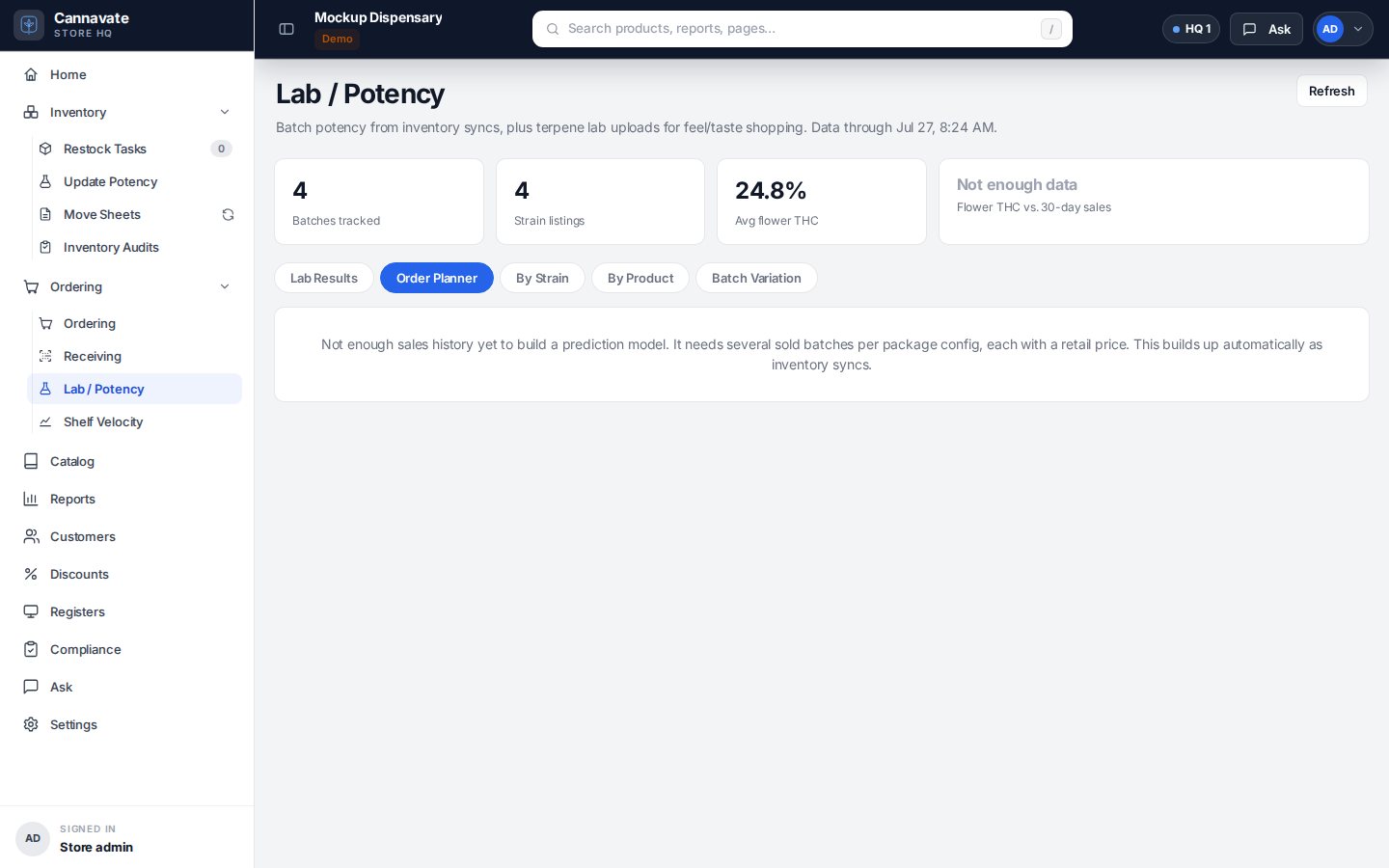 Lab / potency update surface in Store HQ.