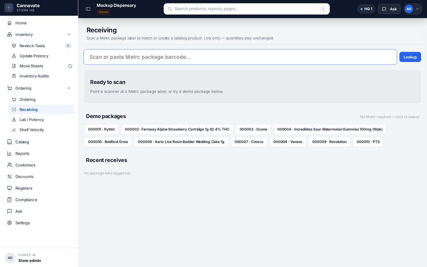 Receiving intake tied to catalog products.