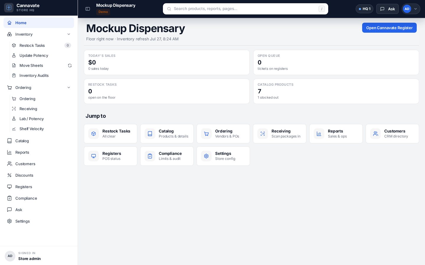 Store HQ home — prioritized restock work for Mockup Dispensary.